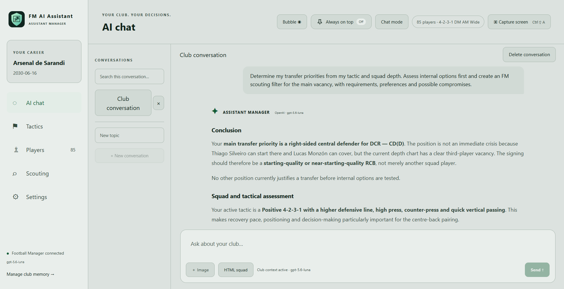 FM AI Assistant showing a club conversation and transfer-priority advice