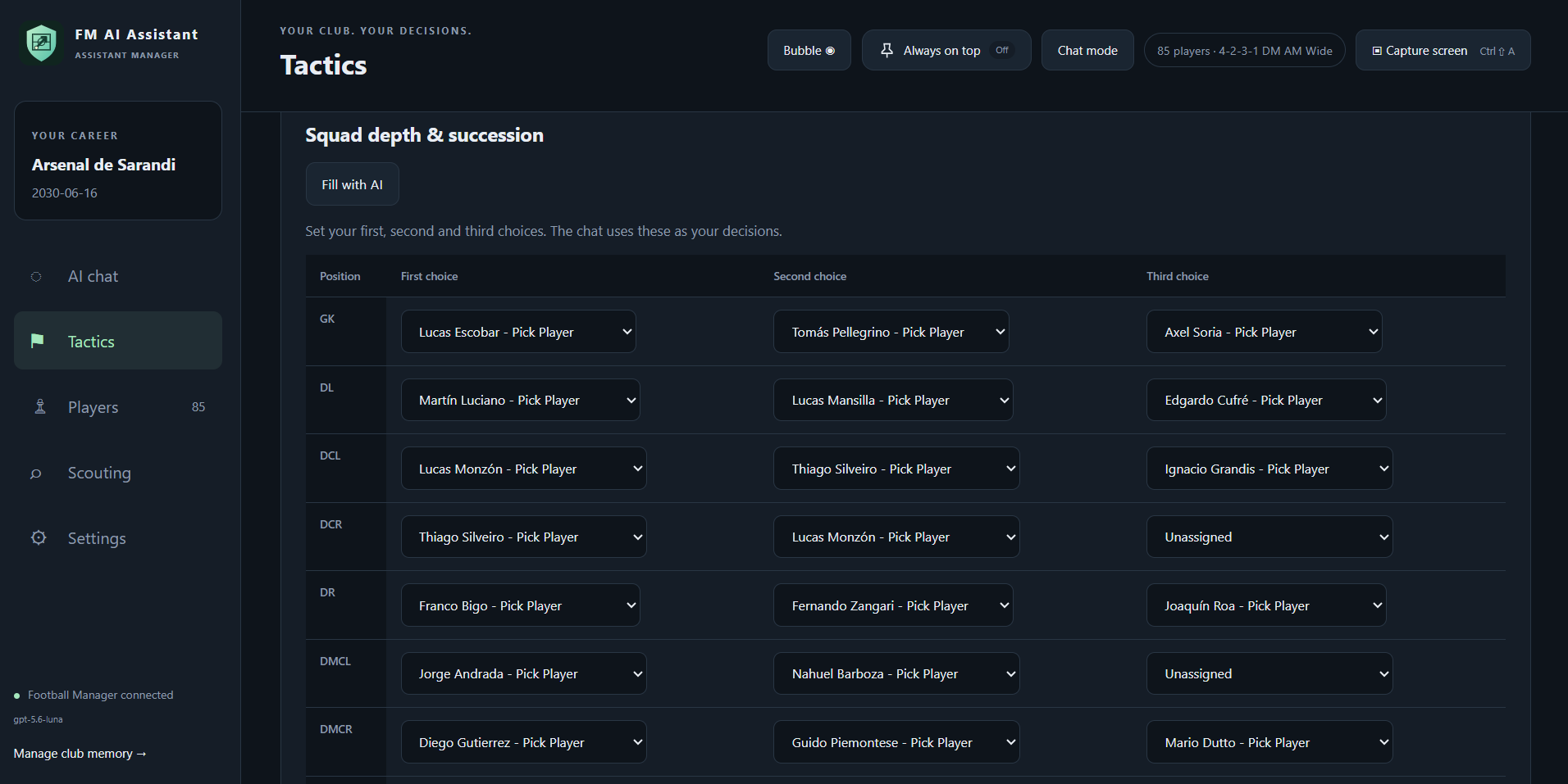 FM AI Assistant showing squad depth and succession